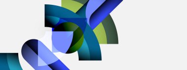 Soyut şekiller örtüşür, dinamik bileşim yaratır. Maviler, yeşiller nötr arka plana hakim. Modern tasarım, akış biçimleri.