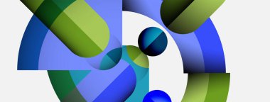 Üst üste binen daireler, eğriler ve eğriler içeren soyut bir kompozisyon. Mavi, yeşil renkler minimalist tasarıma hakim. Modern estetik.