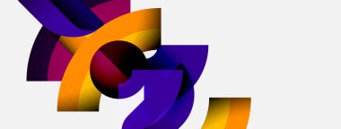 Soyut şekiller örtüşüyor, canlı renk değişimleri yaratıyor. Mor, turuncu renkler kompozisyona hakim. Modern tasarım ögesi.