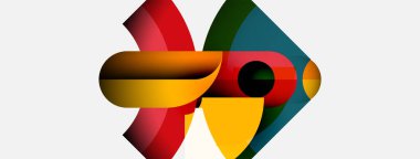 Soyut geometrik şekiller örtüşür, canlı renkli kompozisyon oluşturur. Tasarım eğriler, açılar, gradyanlar içerir. Modern estetik.