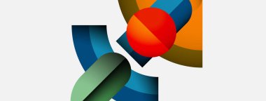 Soyut şekiller örtüşür, dinamik bileşim yaratır. Renkler arasında kırmızı, mavi, yeşil, turuncu, soluk tonlar baskın tasarım. Minimalist estetik.