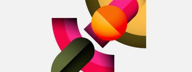 Soyut şekiller örtüşür, canlı renk karışımları yaratır. Turuncu küre kompozisyona hükmediyor, pembeler, yeşiller ve sarılarla zıt düşüyor. Minimalist tasarım.