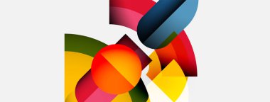 Soyut bileşim renkli geometrik şekiller içerir. Üst üste binen formlar, gradyanlar, eğriler ve açılar kullanarak dinamik görsel ilgi yaratır..