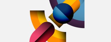 Soyut kompozisyon üst üste binen renkli şekiller içerir. Eğriler, daireler beyaz arka plana karşı dinamik bir görsel ilgi yaratıyor. Modern tasarım.