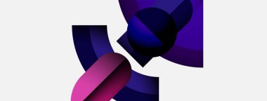 Soyut şekiller örtüşür, dinamik bileşim yaratır. Mor, mavi renkler beyaz arkaplana hakim. Modern tasarım, gradyan efektler.