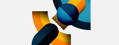 Soyut geometrik şekiller örtüşür, canlı renk zıtlıkları yaratır. Turuncu, deniz mavisi, donanma egemen bileşimi. Minimalist tasarım, modern estetik.