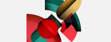 Soyut şekiller örtüşür, dinamik bileşim yaratır. Kırmızı, yeşil, kahverengi renkler beyaz arkaplana hükmediyor. Modern tasarım elemanları.