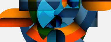 Soyut geometrik bileşim. Şekiller örtüşüyor, dinamik görsel ilgi yaratıyor. Renkler arasında mavi, turuncu, yeşil, siyah, beyaz.