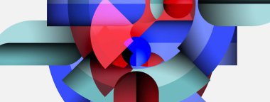 Soyut bileşim, üst üste binen geometrik şekiller içerir. Kırmızı, mavi, turkuaz renkler tasarımda baskın. Minimalist tarz, modern estetik.