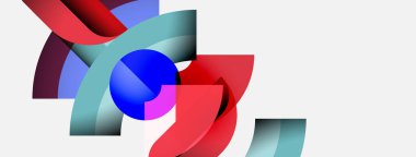 Soyut bileşim kıvrımlı şekiller, canlı renkler içerir. Mavi küre kırmızı ile kesişir, donuk elementler dinamik görsel efekt yaratır. Minimalist tasarım.