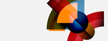 Soyut renkli şekiller örtüşür, dinamik bileşim yaratır. Beyaz arka planda parlak renklerin karşıtlığı. Modern tasarım ögesi.