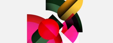 Soyut kompozisyon. Geometrik şekiller örtüşür, canlı renk blokları oluşturur. Kırmızı, pembe, sarı, yeşil beyaz arka plana hakim. Modern tasarım.