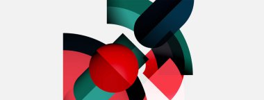 Soyut şekiller örtüşür, dinamik bileşim yaratır. Kırmızı küre, deniz mavisi, pembe ve siyah elementlerle çelişiyor. Minimalist tasarım, modern estetik.