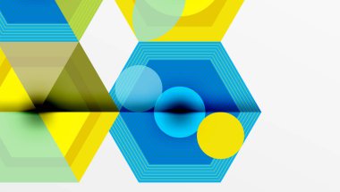 Soyut geometrik bileşim. Altıgenler, daireler, üçgenler örtüşüyor ve canlı bir görsel etki yaratıyor. Çizgiler derinlik ve hareket olduğunu gösteriyor..