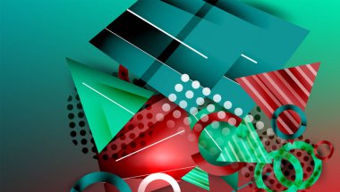 Soyut geometrik bileşim. Şekiller çakışıyor, dinamik görsel etki yaratıyor. Teal, kırmızı, beyaz baskın renk şeması. Modern tasarım.