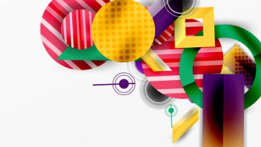 Soyut geometrik şekiller örtüşür, canlı renkli kompozisyon oluşturur. Çizgiler, daireler, dikdörtgenler dizaynın hakimi. Modern estetik.