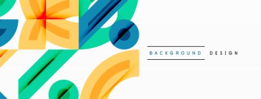 Soyut geometrik şekiller örtüşür, canlı renkli tasarım yaratır. Arkaplanda turuncu, deniz mavisi ve mavi renkler var. Minimalist estetik.