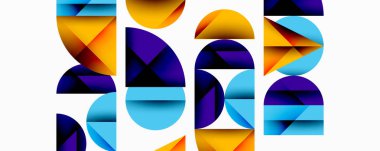 Soyut geometrik bileşim. Renkli şekiller örtüşüyor, dinamik görsel ritim yaratıyor. Modern tasarım, temiz çizgiler, canlı renkler..