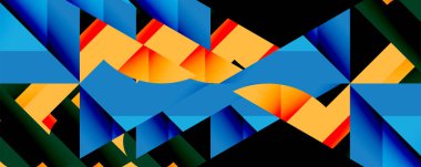 Soyut geometrik şekiller, canlı maviler, portakallar baskın gelir. Keskin açılar, dinamik görsel akış yaratır. Modern tasarım, dijital sanat.