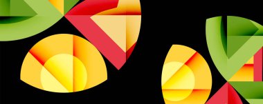 Soyut geometrik şekiller çakışıyor. Sarı, kırmızı, yeşil renkler dinamik kompozisyon oluşturur. Modern tasarım, canlı renkler, basit biçimler..