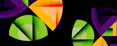 Soyut geometrik şekiller örtüşür, canlı renk karışımları yaratır. Mor, turuncu, yeşil baskın kompozisyon. Modern tasarım elemanları.