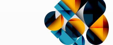 Soyut geometrik şekiller örtüşür, dinamik bileşim yaratır. Mavi, turuncu renkler beyaz arkaplana hükmediyor. Modern tasarım.