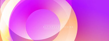 Soyut çemberler çakışıyor, canlı gradyanlar yaratıyor. Pembe, mor, turuncu renkler düzgün bir şekilde harmanlanır. Arka planlar için modern tasarım ögesi.
