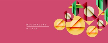 Soyut geometrik bileşim. Üst üste binen daireler, dikdörtgenler katmanlı etki yaratır. Açık sarı, yeşil renkler ve pembe arka plan. Modern tasarım ögesi.