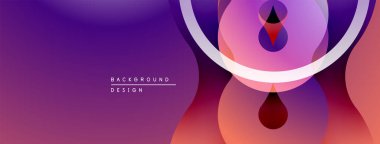 Soyut tasarım özellikleri üst üste binen daireler, gradyanlar. Mor, pembe, turuncu renkler kompozisyona hakim. Minimalist estetik.