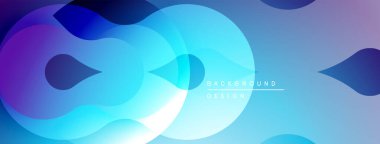 Soyut sıvı şekiller, canlı maviler, morlar modern arka plan yaratır. Yumuşak eğimler, üst üste binen biçimler hareket, derinlik.