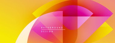 Soyut geometrik şekiller örtüşür, parlak sarı, turuncu, pembe renkler yaratır. Tasarım, metin arkaplan tasarımını merkezde konumlandırır.