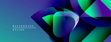 Soyut geometrik şekiller örtüşüyor, canlı mavi, mor, yeşil gradyanlar yaratıyor. Modern tasarım dinamik hareket, derinlik öneriyor.
