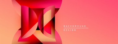 Soyut geometrik tasarım. Kırmızı, pembe renkler katmanlı şekiller yaratır. Modern afiş veya arkaplan ögesi. Minimalist stil.
