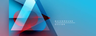 Soyut geometrik şekiller üst üste binerek dinamik mavi ve kırmızı gradyanlar oluşturur. Modern tasarım teknoloji, yenilik, görsel cazibe öneriyor.