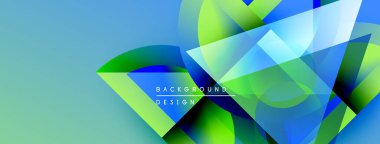 Soyut geometrik şekiller çakışıyor. Mavi, yeşil renkler kompozisyona hakim. Modern tasarım elementleri dinamik görsel efekt yaratır.