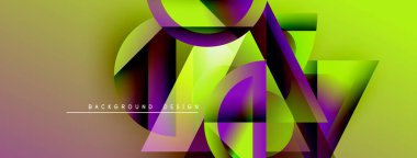 Soyut geometrik şekiller örtüşür, canlı gradyanlar yaratır. Sarılar, morlar, siyahlar modern arkaplan tasarımına karışır.