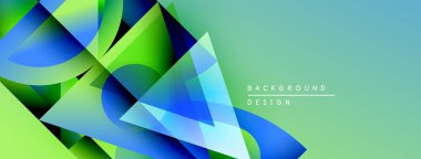 Soyut geometrik şekiller örtüşür, parlak mavi, yeşil eğimler yaratır. Arkaplan ve sunumlar için modern tasarım ögesi.
