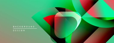 Soyut geometrik şekiller örtüşüyor, canlı renk eğimleri yaratıyor. Yeşil, kırmızı aksanlara hakim olur. Modern tasarım ögesi.