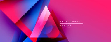 Soyut geometrik şekiller, canlı renkler, pembeler, maviler, morlar. Modern tasarım elemanları dinamik arkaplan oluşturur.