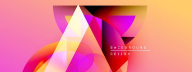 Soyut geometrik şekiller örtüşüyor, canlı renk eğimleri yaratıyor. Pembe, sarı, morumsu bir karışım. Modern tasarım ögesi.
