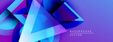 Soyut geometrik şekiller örtüşür, parlak mavi ve mor renkler yaratır. Modern tasarım teknoloji, yenilik, gelecek kavramları öneriyor.