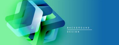 Soyut geometrik şekiller örtüşür, canlı bir değişim etkisi yaratır. Mavi, yeşil renkler tasarıma egemen, modern estetik.