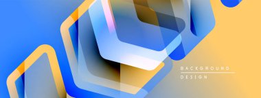 Soyut geometrik şekiller, canlı mavi, sarı gradyanlar. Modern tasarım, katmanlı elementler dinamik görsel efekt yaratır. Düz geçişler, temiz estetik..