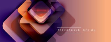 Soyut geometrik şekiller örtüşür, canlı bir gradyan arkaplan oluşturur. Turuncu, mor renkler tasarımda baskın. Modern estetik.