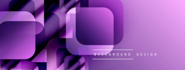 Soyut mor tasarım üst üste binen kareler, gradyanlar. Modern estetik, afişler veya dijital arkaplanlar için uygun.