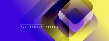 Soyut geometrik şekiller canlı mor, sarı renkleri harmanlarlar. Modern tasarım üst üste binen kareler, gradyanlar içerir. Metin arkaplan tasarımı okur.