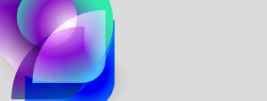 Soyut şekiller örtüşüyor, canlı renk değişimleri yaratıyor. Mavi, mor, yeşil renkler kusursuz bir şekilde harmanlanır. Minimalist tasarım, modern estetik.