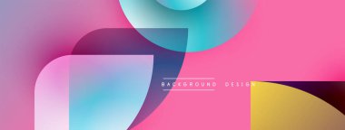 Soyut renkli arkaplan. Üst üste binen şekiller dinamik görsel efekt yaratır. Pembe, mavi, mor renkler kompozisyona hakim. Modern tasarım ögesi.