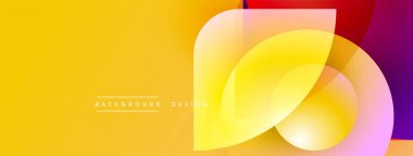 Parlak sarı arkaplan özellikleri üst üste binen saydam şekiller. Renkler turuncu, kırmızı, mor. Metin arka plan tasarımı okur. Modern, soyut kompozisyon.