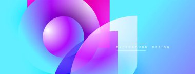 Soyut canlı tasarım, üst üste binen daireler, gradyanlar. Mavi, pembe, mor renkler modern görsel etki yaratır. Basit metin ögesi mevcut.
